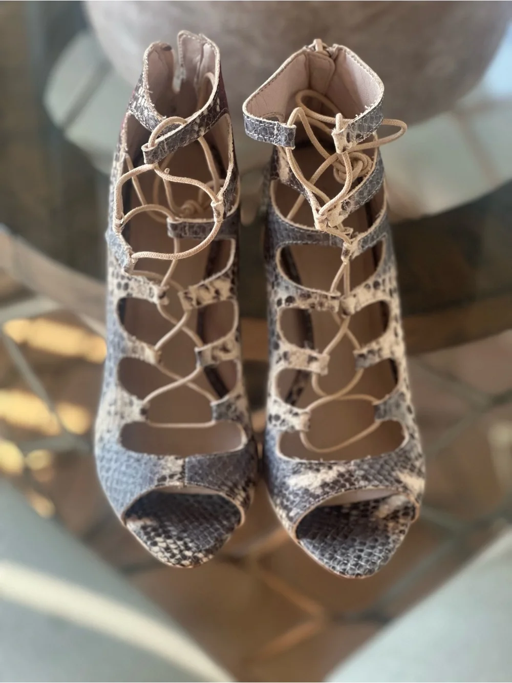 Zara Snake-Print Lace-Up leather Stiletto Heels in Pink and Neutral sz 39 (8 US)